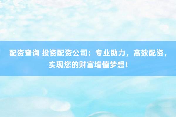 配资查询 投资配资公司：专业助力，高效配资，实现您的财富增值梦想！